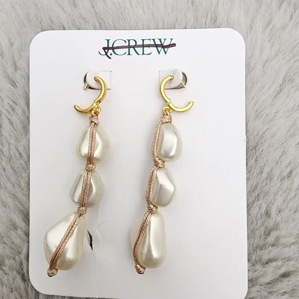 J. Crew Pearl Rope Linear Dangle Earrings Gold Cream Statement NWT